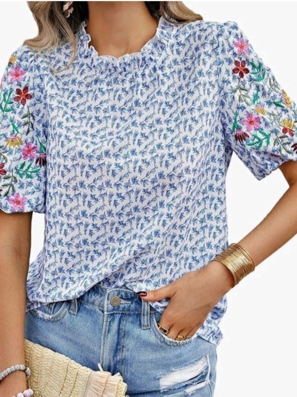 Boho Casual Short Sleeve Mock Neck Floral Embroidered Puff Sleeve Blouse